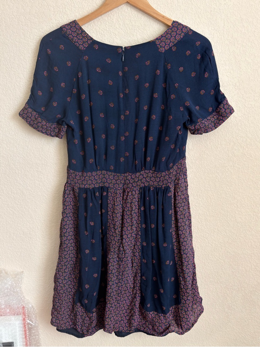 French Connection Mixed Floral Boho V-Neck Mini Dress Size 8 Navy Pink Orange - Picture 13 of 16